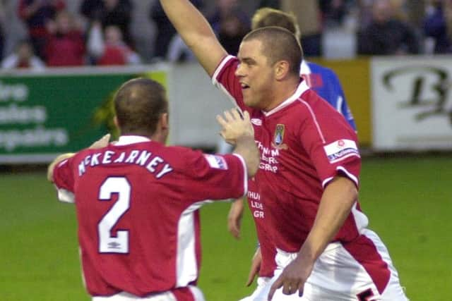 Jim Bentley celebrates scoring for Moreecambe against Chester