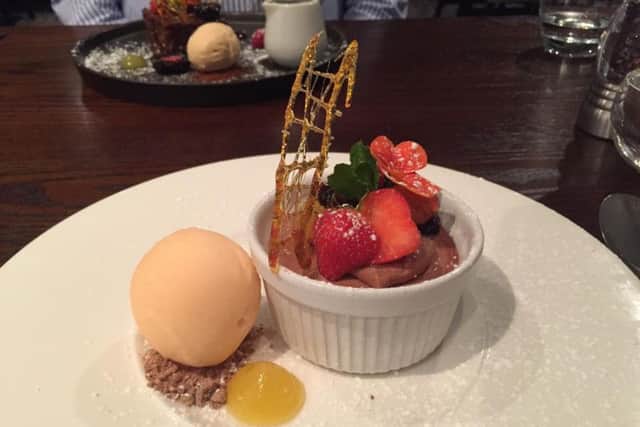 Chocolate orange mousse pot with blood orange sorbet