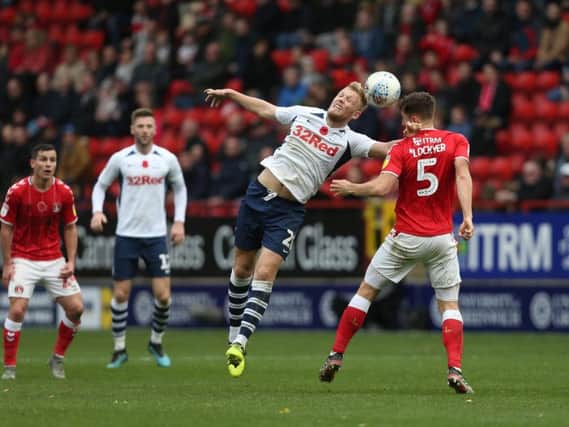 Jayden Stockley challenges Tom Lockyer in the air in Preston North End's 1-0 win over Charlton Atheltic.