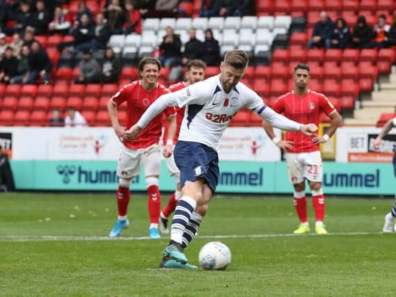 Paul Gallagher takes the penalty which won the game for Preston against Charlton at The Valley