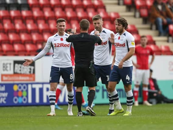 Alan Browne, Paul Gallagher and Ben Pearson have a word with referee David Webb
