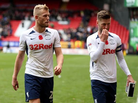 Jayden Stockley and Paul Gallagher after Preston's win at Charlton