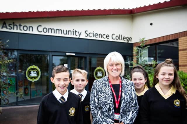Ashton Community Science College headteacher Sharon Asquith with pupils at the Aldwych Drive, Preston school
