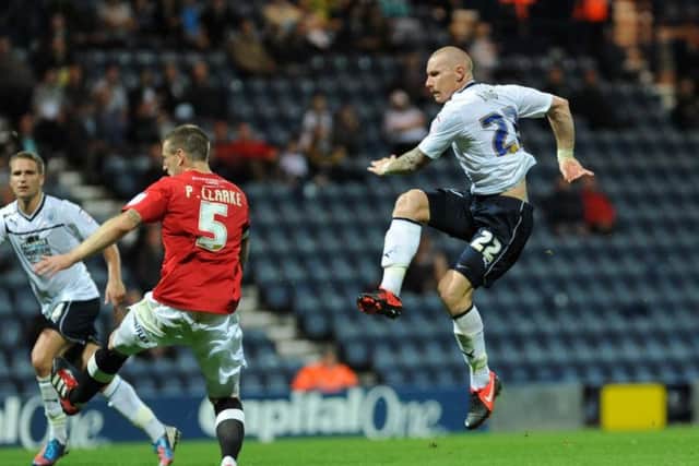 Jack King gets a shot away in PNE's League Cup win over Huddersfield