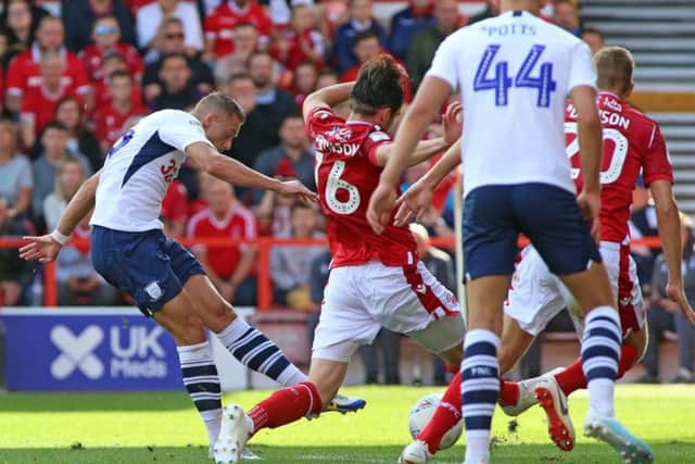 Bodin scores his second goal of the season, the opening goal in a 1-1 draw against Nottingham Forest.