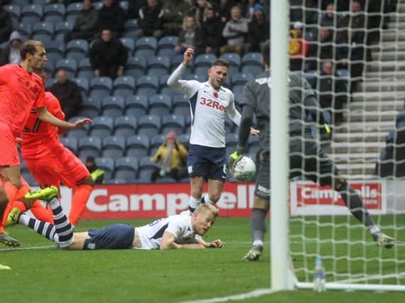 Alan Browne fires home Preston's second goal against Huddersfield Town