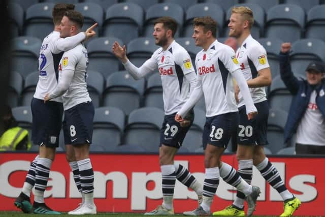 Preston celebrate Jayden Stockley's opening goal against Huddersfield at Deepdale