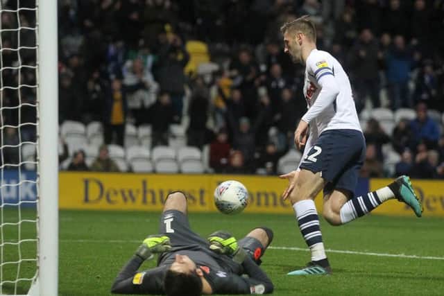Paul Gallagher after scoring Preston's third goal from the penalty spot against Huddersfield