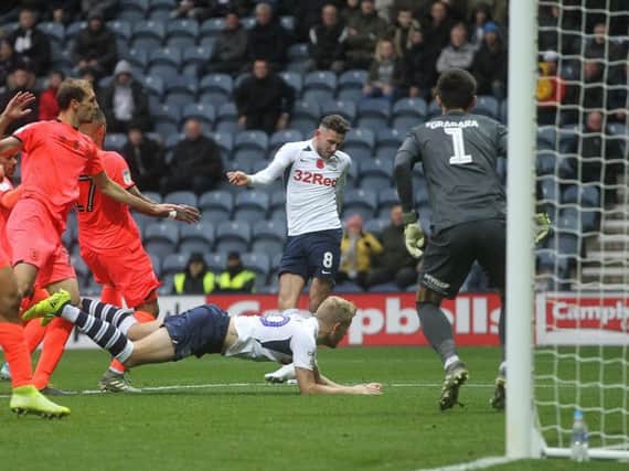 Alan Browne scores Preston's second goal in the 3-1 win over Huddersfield at Deepdale