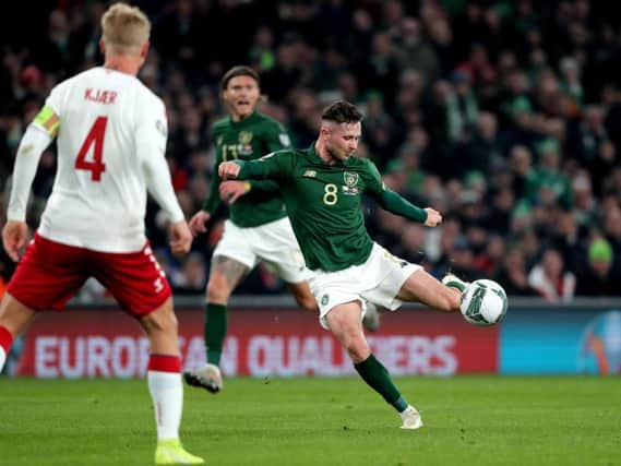 Alan Browne has a shot during the Republic of Ireland's 1-1 draw with Denmark at the Aviva Stadium on Monday night