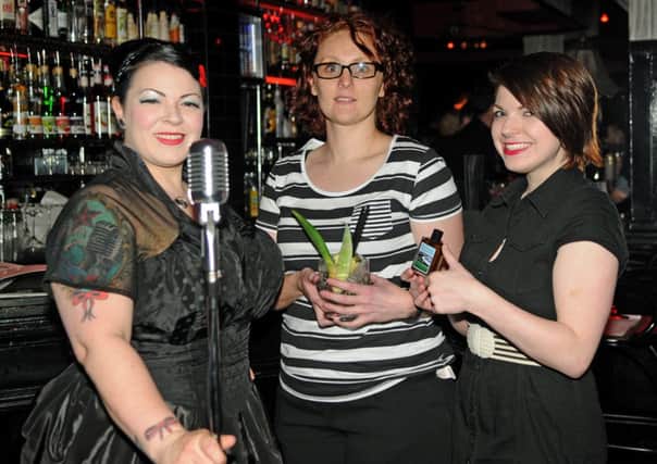 From left, Singer and Compere Kiki Deville with Millie Lavelle and Heather Smith from Lush at the Gorilla Perfume launch party at the Kuckoo Bar in Preston