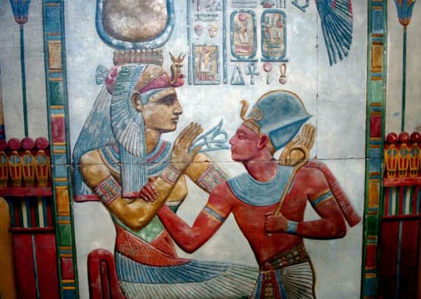 Goddess Hathor giving eternal life to Seti | The Egyptian Balcony at The Harris Museum