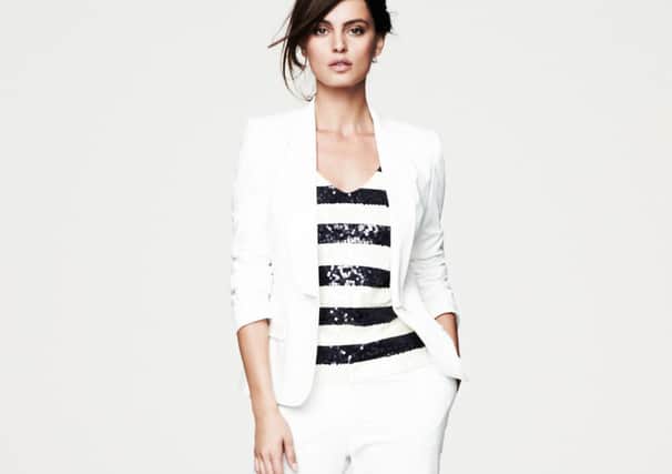 White blazer £28, trousers £18 and sequin stripe top £14 by F&F at Tesco