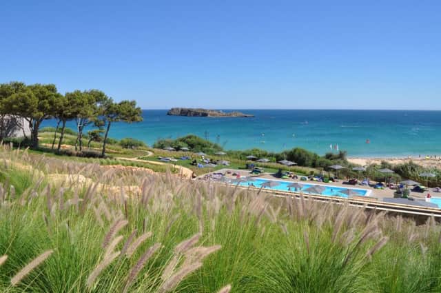 The gardens and pool at Martinhal Beach Resort in western Algarve, Portugal