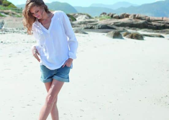 Linen pintuck top, £49; denim shorts, £60; suede moccasin boots, £99; all Celtic & Co (01637 871605/www.celticandco.co.uk)
