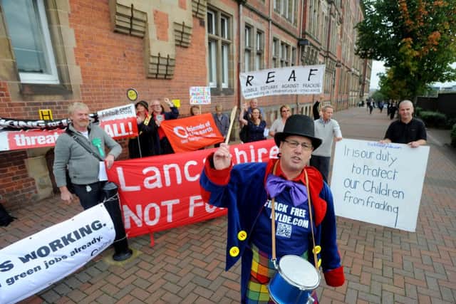 Protest: Gayzer Frackman leads an anti-fracking protest outside County Hall