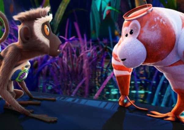 Steve the Monkey (Neil Patrick Harris) and a Shrimpanzee in Sony Pictures Animation's CLOUDY WITH A CHANCE OF MEATBALLS 2.