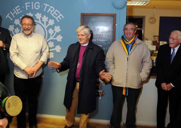 VISIT: Bishop Julian meets Bruce Crowther (left) at the Fig Tree in Garstang