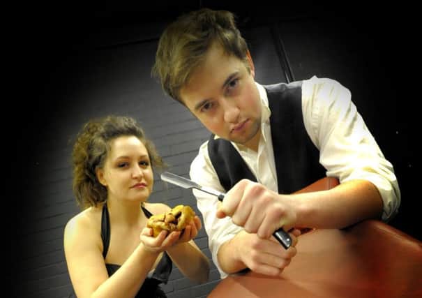 Sweeney Todd (Tom Morris) and Mrs Lovett (Charlotte Blatt in Lancaster University Theatre Group's production of Sweeney Todd at the Nuffield Theatre
