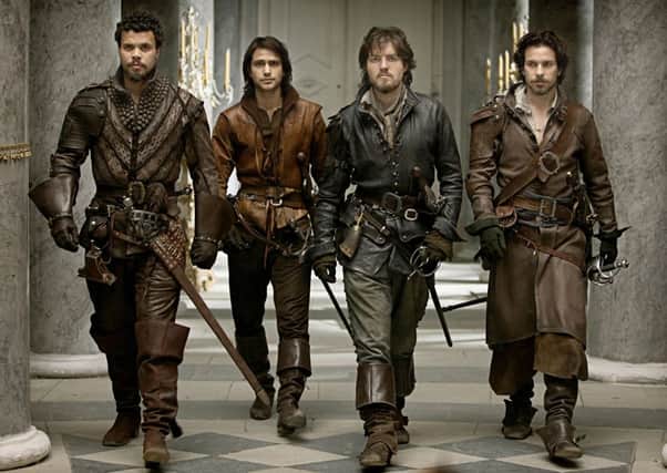 The Musketeers: Porthos (Howard Charles), DArtagnan (Luke Pasqualino), Athos (Tom Burke), Aramis (Santiago Cabrera)