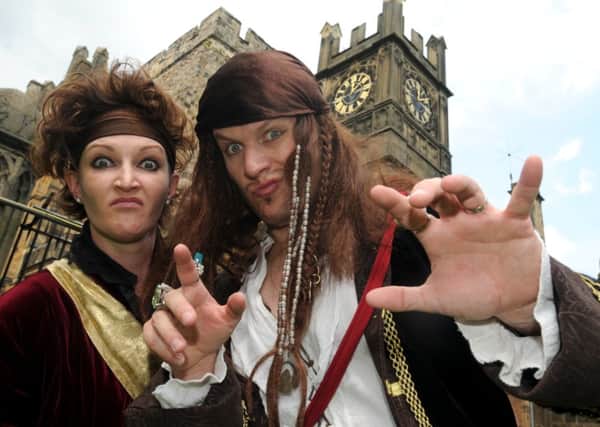 Pirate Day at Lancaster Castle with  Captain Peral Black and Captain Mac Pigeon (Helen and Adrian Burrows from After Dark Wicked Workshops) who entertained children wit their pirate antics at the castle last July