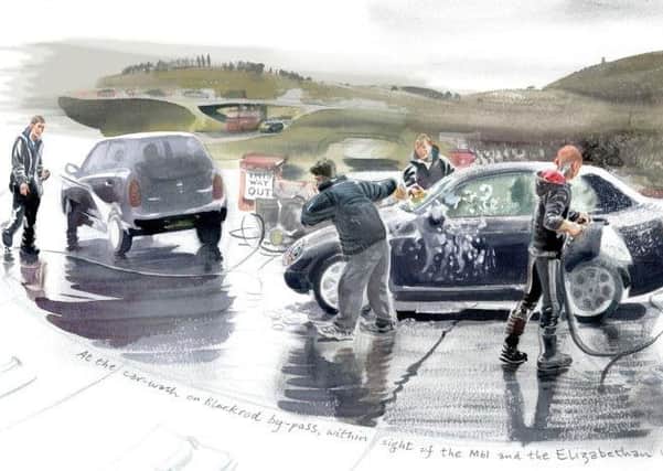 Tony Kerins picture of the car wash on the Blackrod bypass, one of many mundane Lancashire scenes brought to vibrant life in a new exhibition