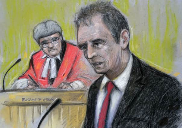 Court artists sketch by Elizabeth Cook of former deputy speaker of the House of Commons Nigel Evans appearing at Preston Crown Court where he faces nine charges, dating from 2002 to April 1, last year of sexual offences against seven men.