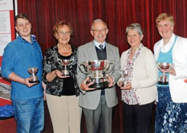 The winners of the 2013 Festival.  Left to right: Tom Armitt (Hall Players); Mary Jones (Grimsargh Players); George Mackin (Grimsargh Players); Adrienne Hurley (Broughton Players)