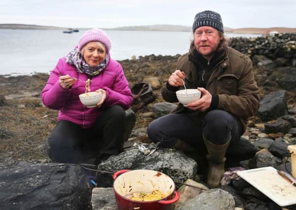 Alison Steadman eating Razor Clam and Sea Urchin pasta on the beach with Shetlander Kenny