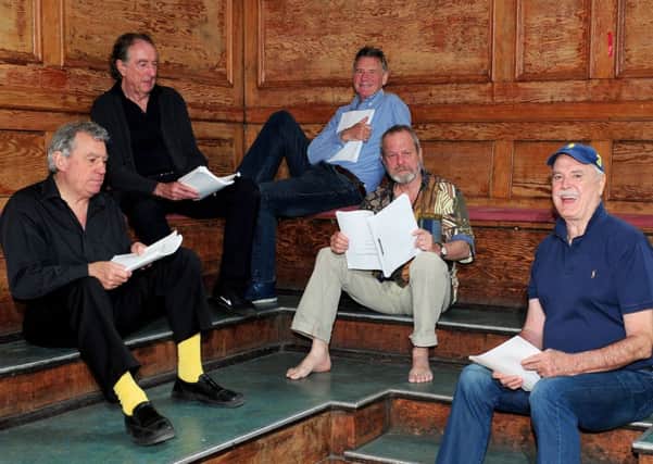 Terry Jones, Eric Idle, Michael Palin, Terry Gilliam and John Cleese are seen on the first day of rehearsals in London