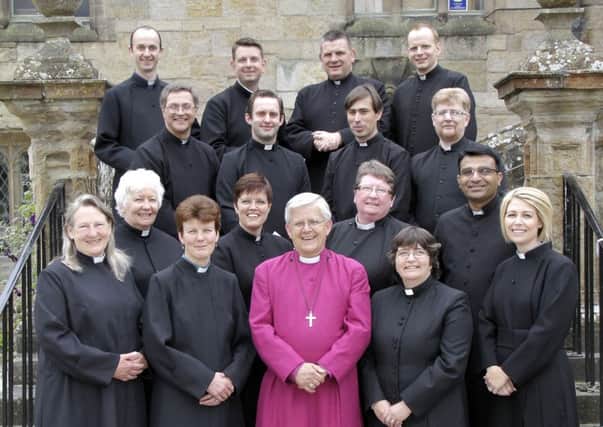 SPECIAL SERVICE: Pictured at the retreat at Whalley Abbey are this years cohort of Priests and Deacons with Bishop Julian. Back row left to right  Steve Haskett, David Stephenson, Terry Murnane, Calum Crombie; second row l-r are Mike Kirby, James Gwyn-Thomas, James Goodwin-Hudson, Christopher Colton; third row l-r Judith Kirkham, Jane Atkinson, Christine Morton, Kamran Bhatti; front row Helen Leathard, Susan Seed, Bishop Julian Henderson, Pauline Taylor, Anne Beverley. (Pictures: SARA CUFF)