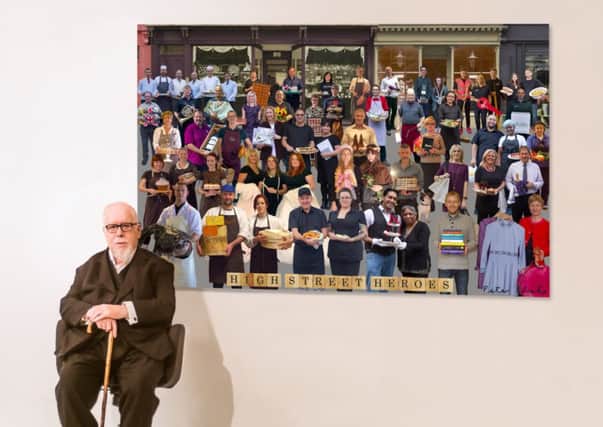 Sir Peter Blake with his new artwork High Street Heroes, produced for Small Business Saturday