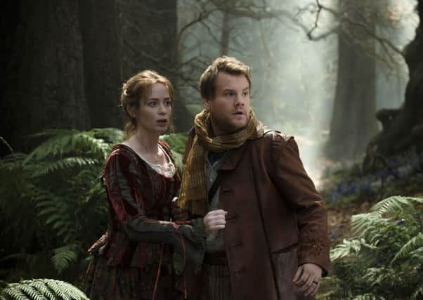 James Corden with Emily Blunt in the new film adaptation of the Stephen Sondheim musical Into the Woods