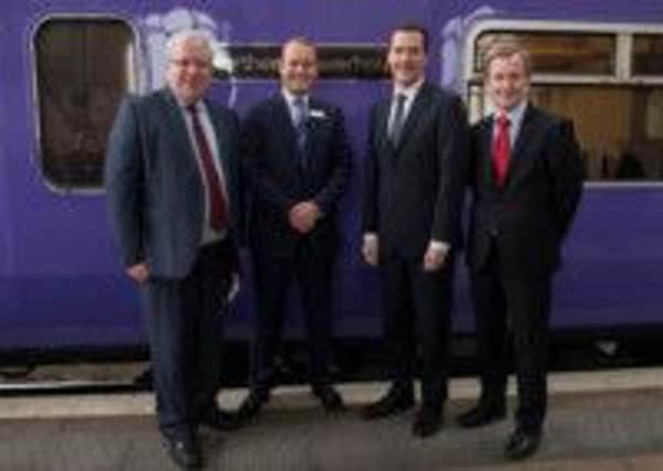 Patrick McLoughlin, joins Alex Hynes MD of Northern Rail, Chancellor of the Exchequer George Osborne and Martin Jurkowski from Network Rail