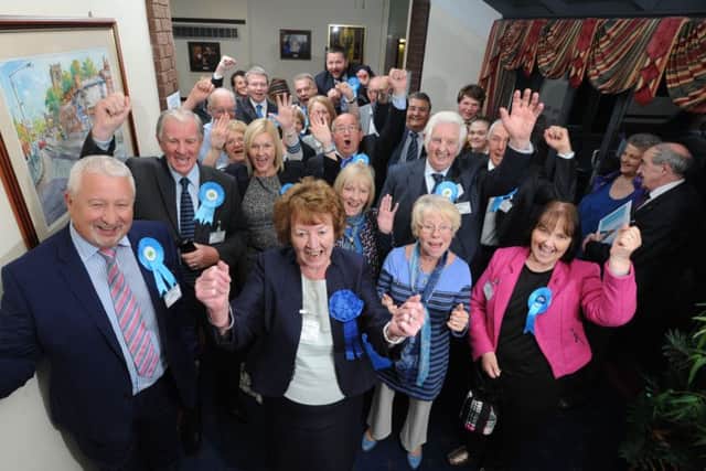 Council leader Margaret Smith leads her Conservative party as they celebrate a victory at South Ribble