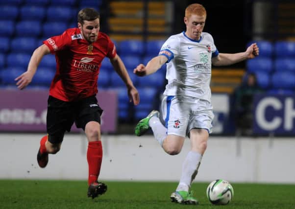 Michael Barnes,right, for AFC Fylde in the LFA Challenge trophy final against Chorley
