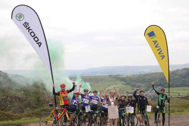 The Mayor of the Ribble Valley, Coun. Bridget Hilton and cyclist Ian Wilkinson and Paul Oldham with students from Ribblesdale High School and Pendle Vale College at the launch of the Stage 2 Tour of Britain.