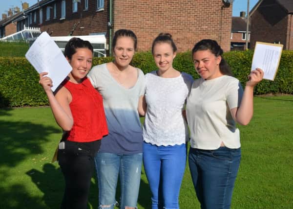 Chloe Mcilroy, Hannah Gaskell, Zoe Cunliffe and Emily Bickerstaffe celebrate with their results