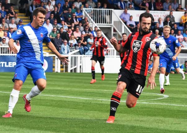 Lee Molyneux in action for Morecambe at Hartlepool.