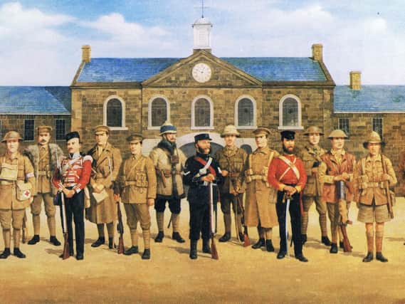 The celebrated painting of the 17 Victoria Cross winners from 1854 to 1943, symbolically posed on the Fulwood Barracks parade square.
