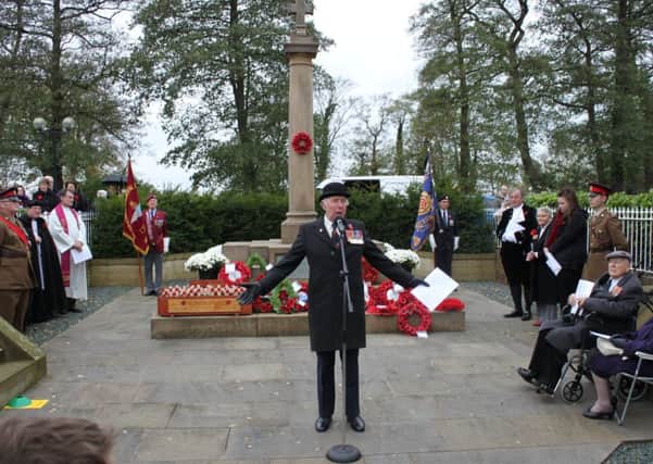 November 11 Remembrance Day service at  the Barton, Bilsborrow  and Myerscough War Memorial, Retired Colonel John Bird addresses  a crowd of some 300 people who came to pay tribute.