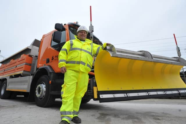 Photo Neil Cross
Gritter Phil Smith at the winter road safety campaign launch at  Highways Englands new 36-metre-wide salt barn in Garstang, with a capacity for 8,000 tonnes of salt