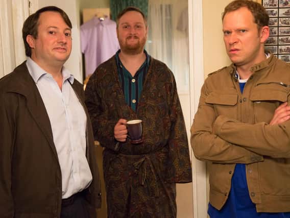 Robert Webb as Jeremy (left) and David Mitchell as Mark (right) with Marks new flatmate Jerry (played by Tim Key)