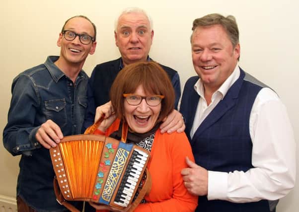 Steve Royle, Dave Spikey, Janice Connolly and Ted Robbins backstage at Chorley Little Theatre