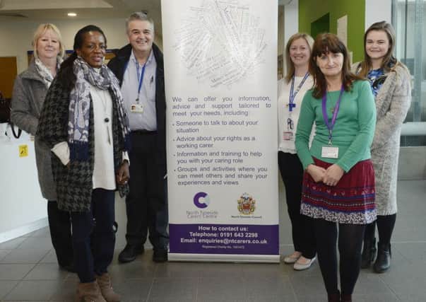 The launch of carers' surgeries to be delivered by Carer Support Workers  with North Tyneside Council.
Jacqui Horton ( second from right) with Elaine Addison, Grace Lule, Paul Squires, Susan Begg and Demi Donnelly  who work for North Tynseide Council.