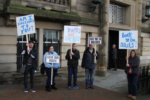 Making a stand: Bus protesters outside Preston County Hall from the Save Our Bus Campaigners and Homeless Not Worthless protestors campaigning