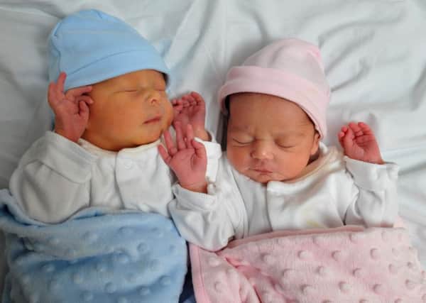 Twins Jacob John Collis and Lois Anne Magrette Bent, born on the 28th January, at 13:08 and 13:09, weighing 7lb 8 and 6lb 8 to Clare and Collis Bent of Preston