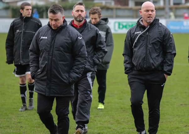 Bamber Bridge boss Neil Crowe and Neil Reynolds after Brig's game against Witton