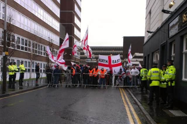 EDL members gathered at the Blackamoor Head pub in Preston before the march.