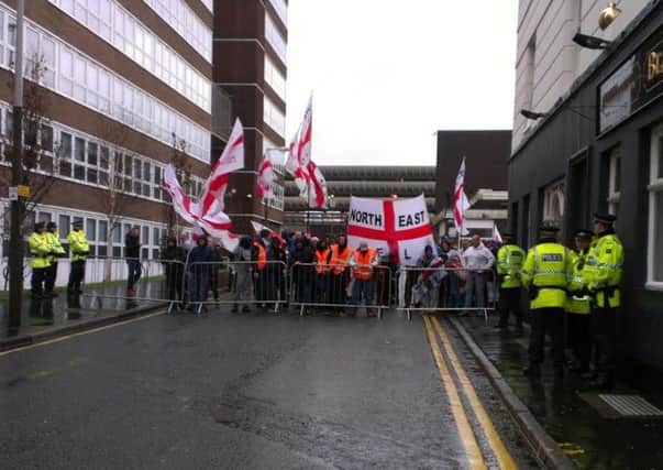 EDL members gathered at the Blackamoor Head pub in Preston before the march.